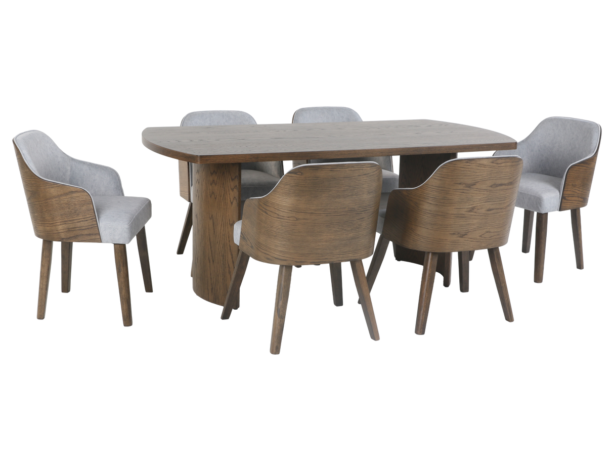 Rustique Brown 7-Piece Dining Set — 70″ Rectangular Table & 6 Upholstered Barrel Chairs