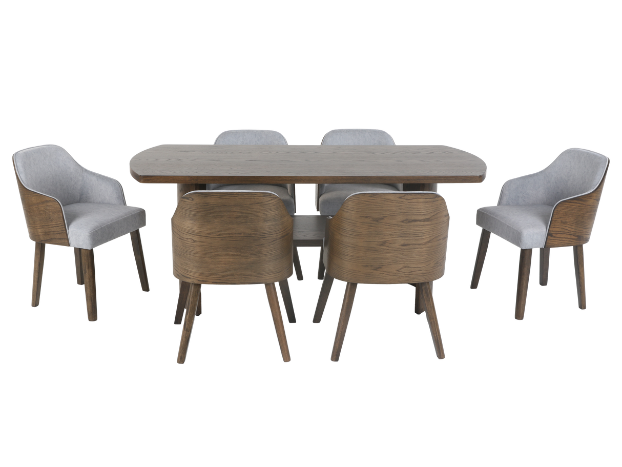 Rustique Brown 7-Piece Dining Set — 70″ Rectangular Table & 6 Upholstered Barrel Chairs