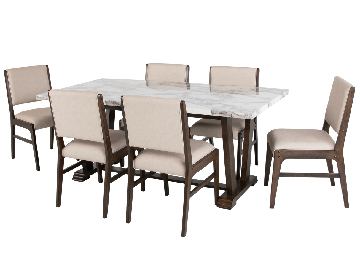 Modern Farmhouse Antique Brown & White Faux Marble 7-Piece Dining Set