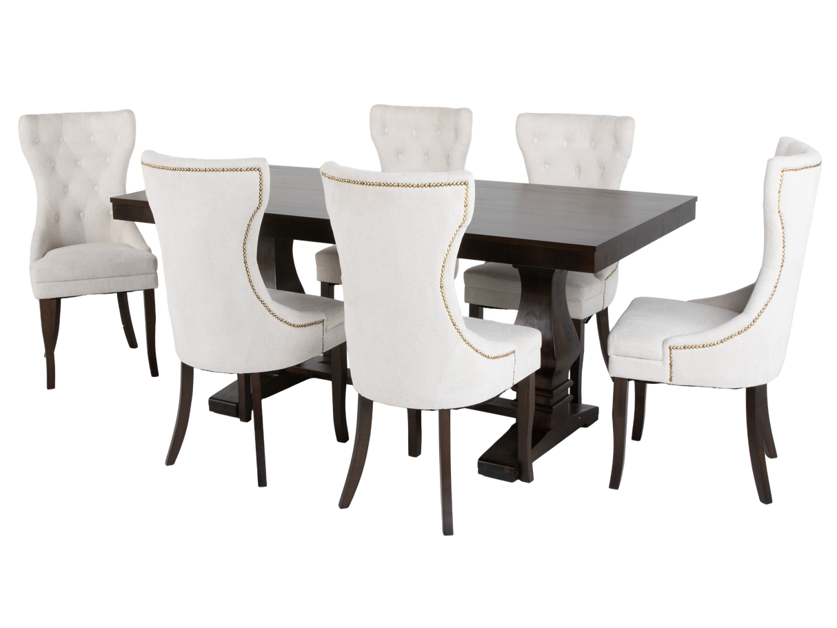 78" Rustic Brown 7-Piece Trestle Dining Set with Tufted Pearl Chairs