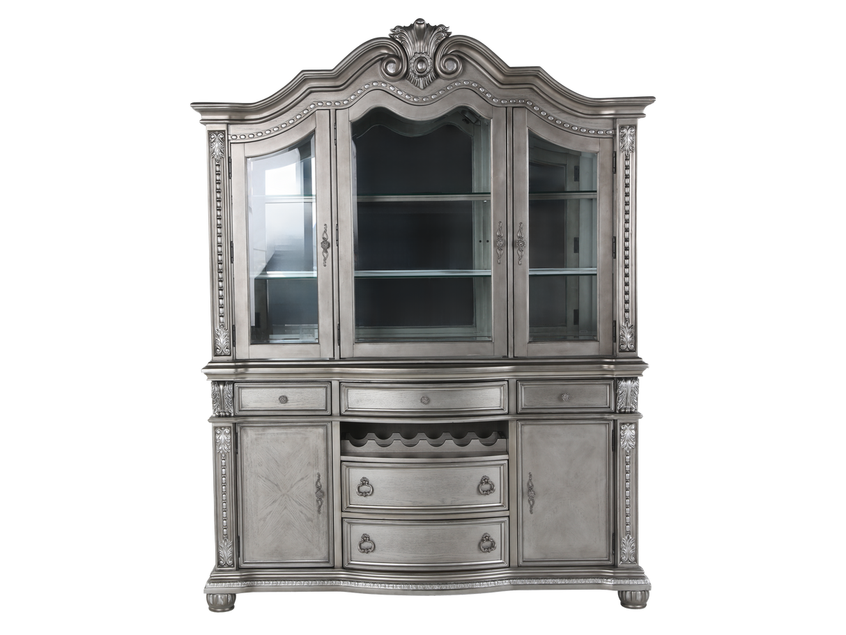 Grey Traditional Buffet & Hutch with LED Lighting & Wine Storage