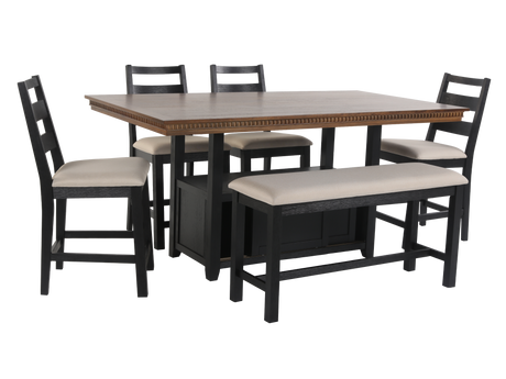 Dining set with table, chairs, and bench on a white background