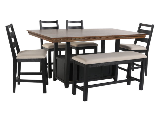 Dining set with table, chairs, and bench on a white background