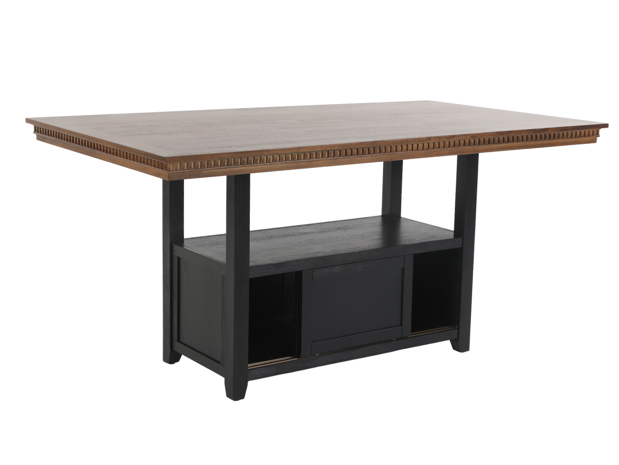 Coffee table with wooden top and black base on a white background