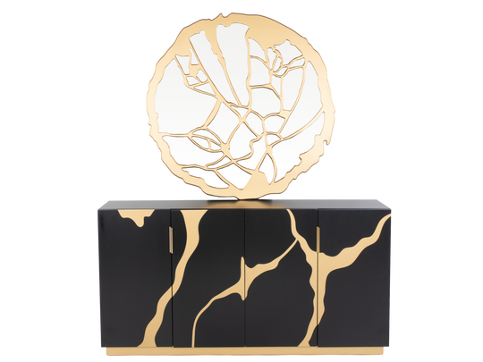 Modern Black and Gold Sideboard Buffet with Artistic Mirror