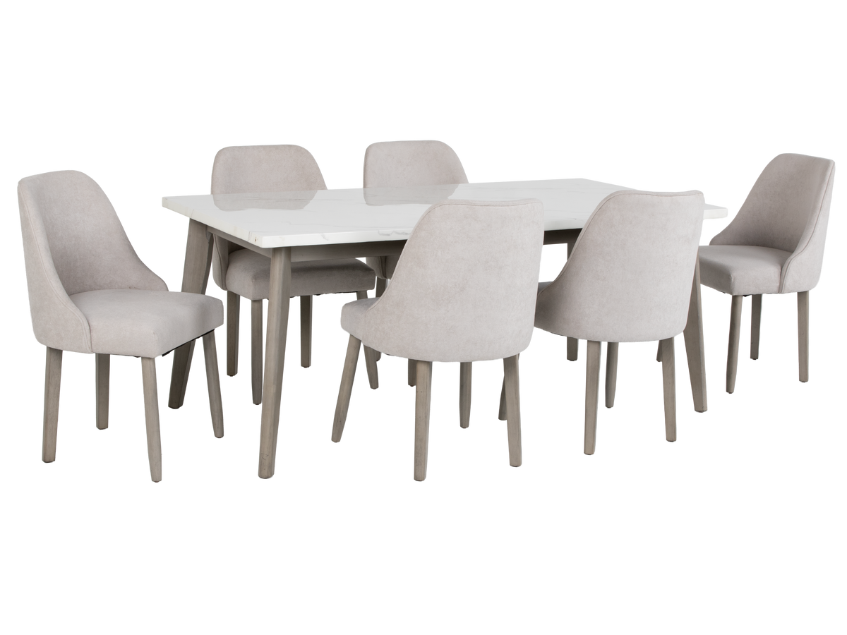 7-Piece Modern Rectangular Dining Set with White Stone-Style Top & 6 Light Gray Upholstered Chairs