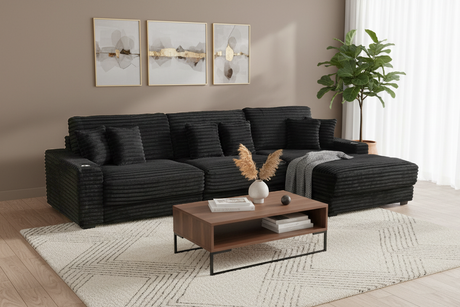 Midnight Black Wide Wale Corduroy Modular Sectional with Chaise, USB Charging & Cup Holders