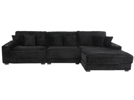 Midnight Black Wide Wale Corduroy Modular Sectional with Chaise, USB Charging & Cup Holders - view 3