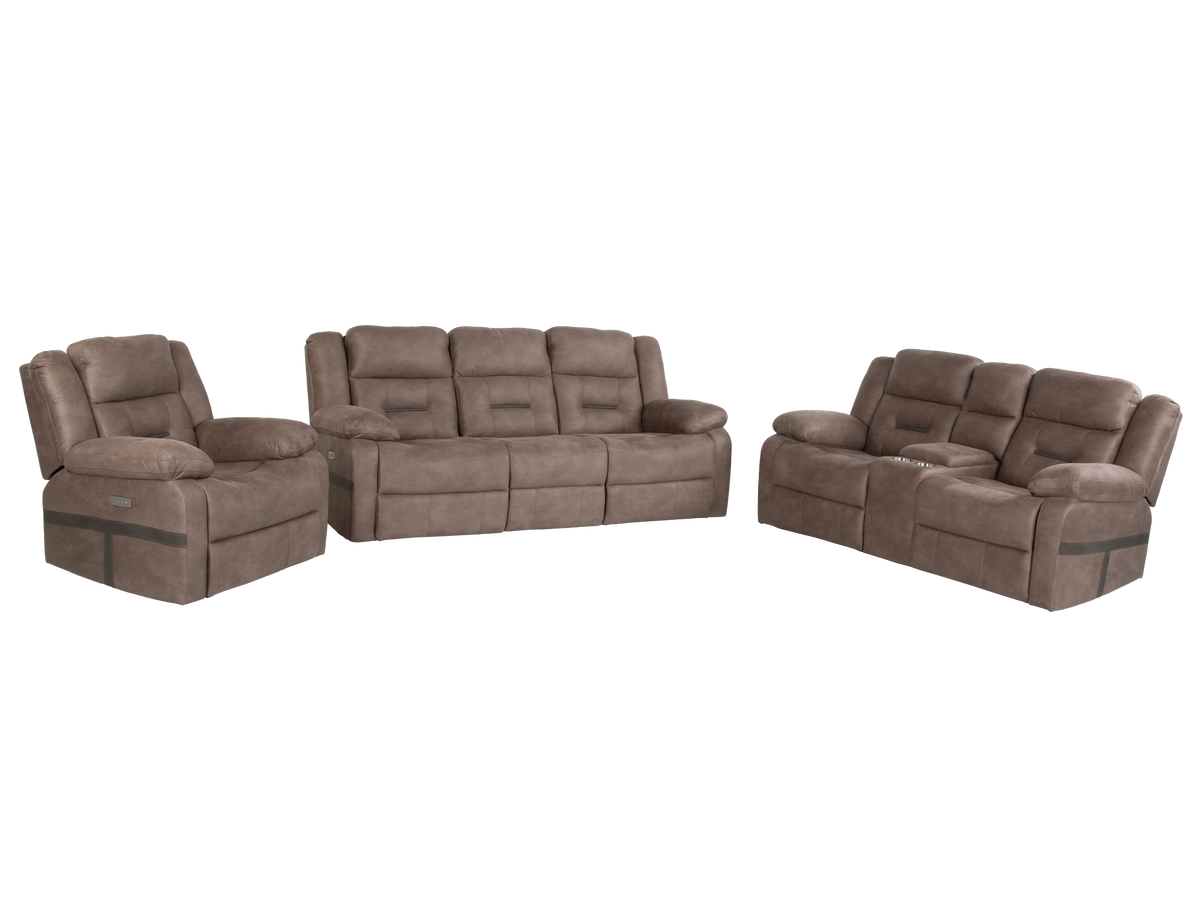 Contemporary Light Gray Power Reclining Living Room Set with USB Drop-Down Table & Console