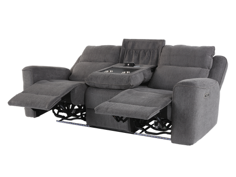 Gray reclining sofa with cup holders on a white background
