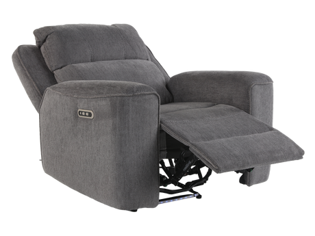 Gray recliner chair with power feature on a white background