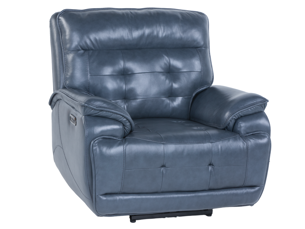Blue leather recliner chair on a white background