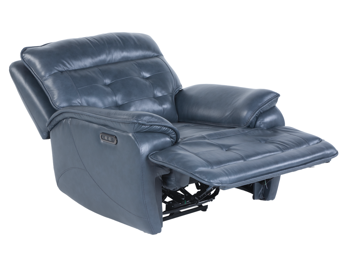 Jade Blue Top-Grain Leather Dual-Power Recliner with USB Charging & Adjustable Headrest