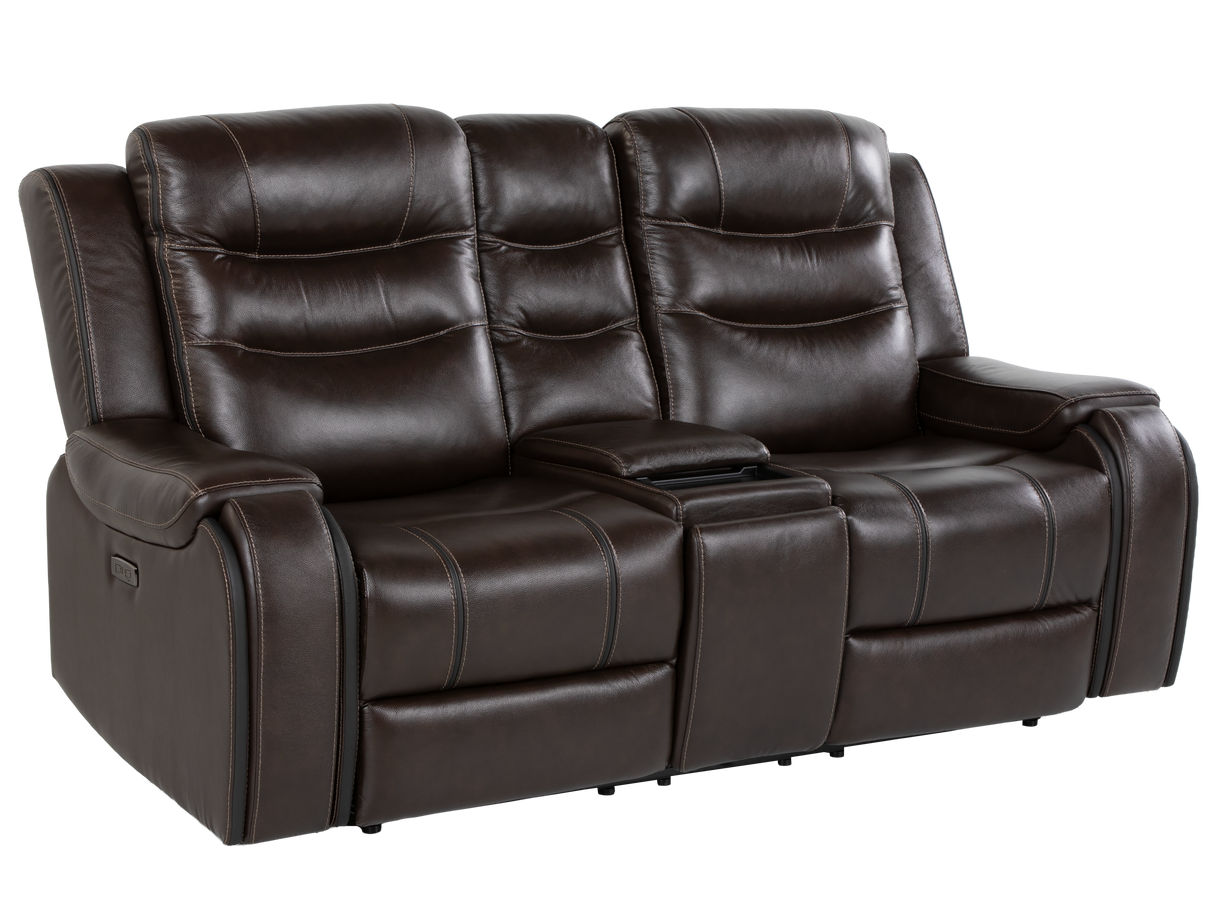 Espresso Contemporary Top Grain Leather 3-Piece Power Reclining Living Room Set w/ Power Headrests, USB Charging, Cup Holders & Drop-Down Table