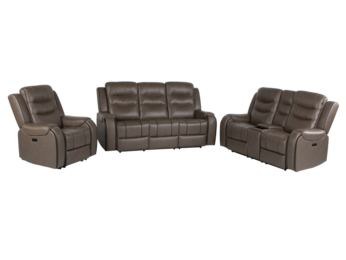 Warm Gray Top Grain Leather Power Reclining 3-Piece Living Room Set with Power Headrests