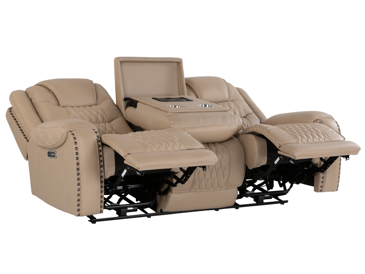 Toffee Contemporary Top-Grain Leather Dual Power Reclining 3-Piece Living Room Set w/ USB & Wireless Charging
