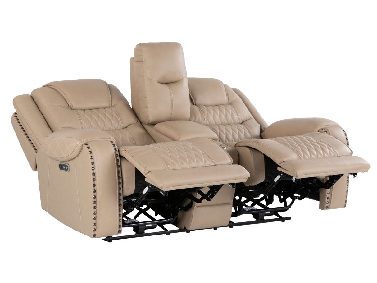 Toffee Contemporary Top-Grain Leather Dual Power Reclining 3-Piece Living Room Set w/ USB & Wireless Charging