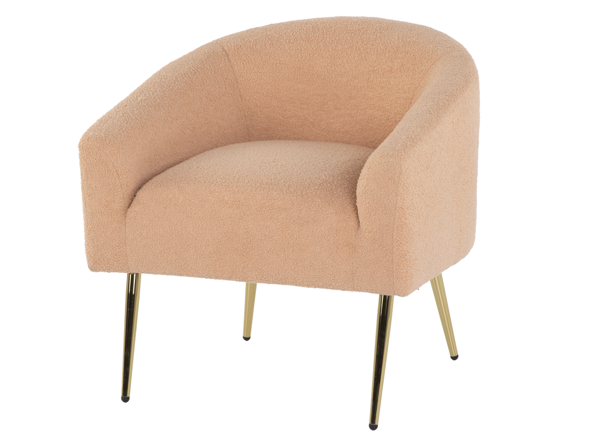 Light Brown Boucle Barrel Chair with Gold Metal Legs