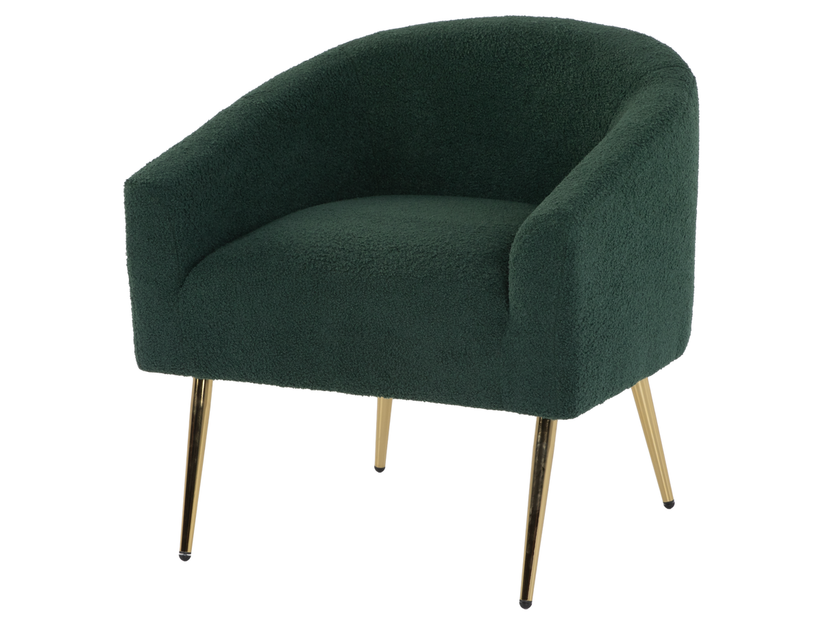 Dark Green Boucle Barrel Accent Chair with Gold Metal Legs