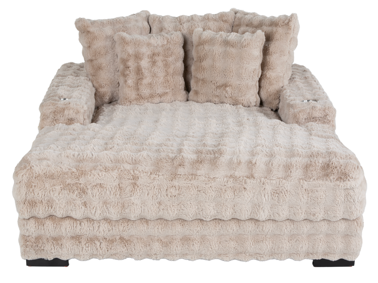 Beige Velvet Chaise Lounge with Dual Cupholders & USB Charging Ports