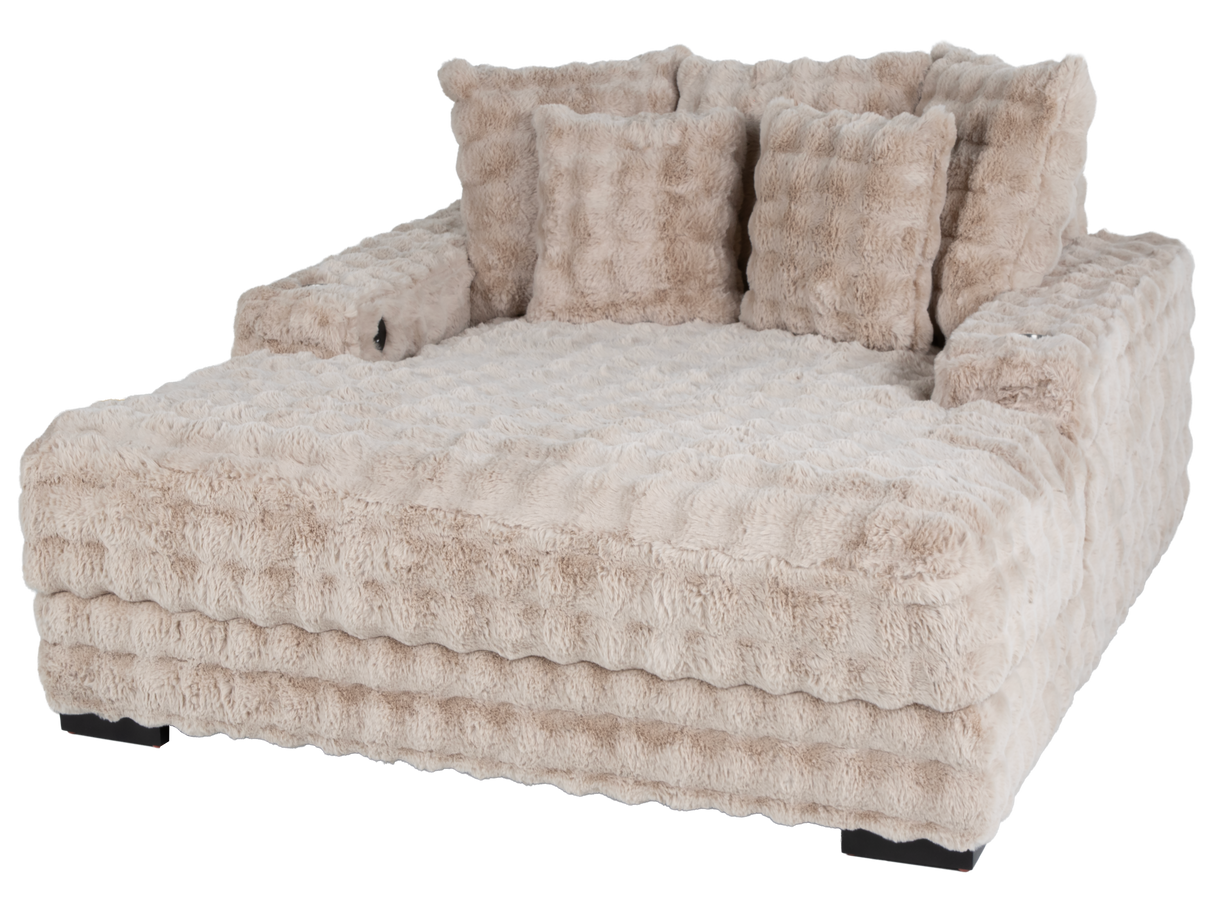 Beige Velvet Chaise Lounge with Dual Cupholders & USB Charging Ports