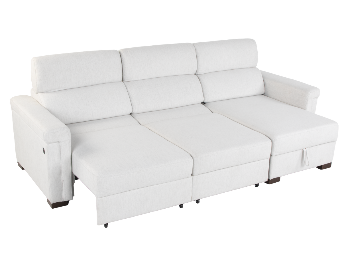 White Power Sleeper Sectional with Storage Chaise & USB Ports