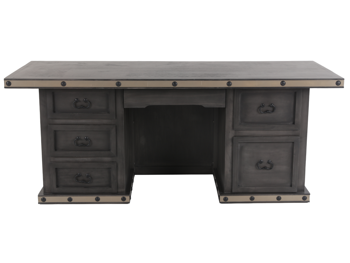 Industrial Gray Executive Desk with Metal Trim and Drawers