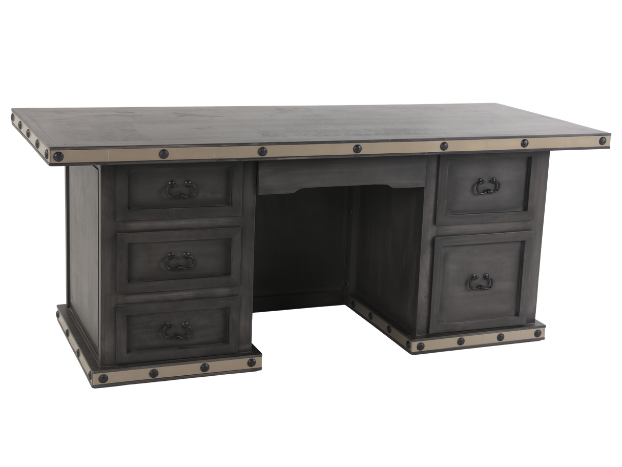 Industrial Gray Executive Desk with Metal Trim and Drawers
