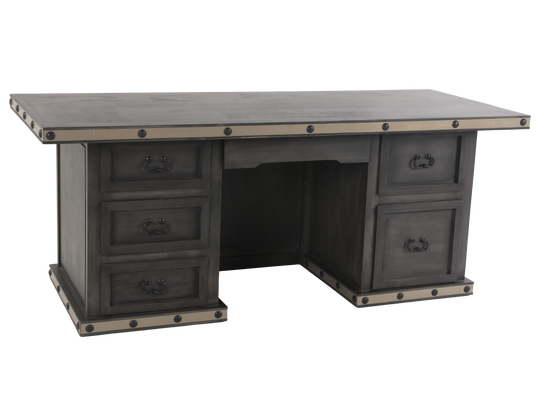 Industrial Gray Executive Desk with Metal Trim and Drawers
