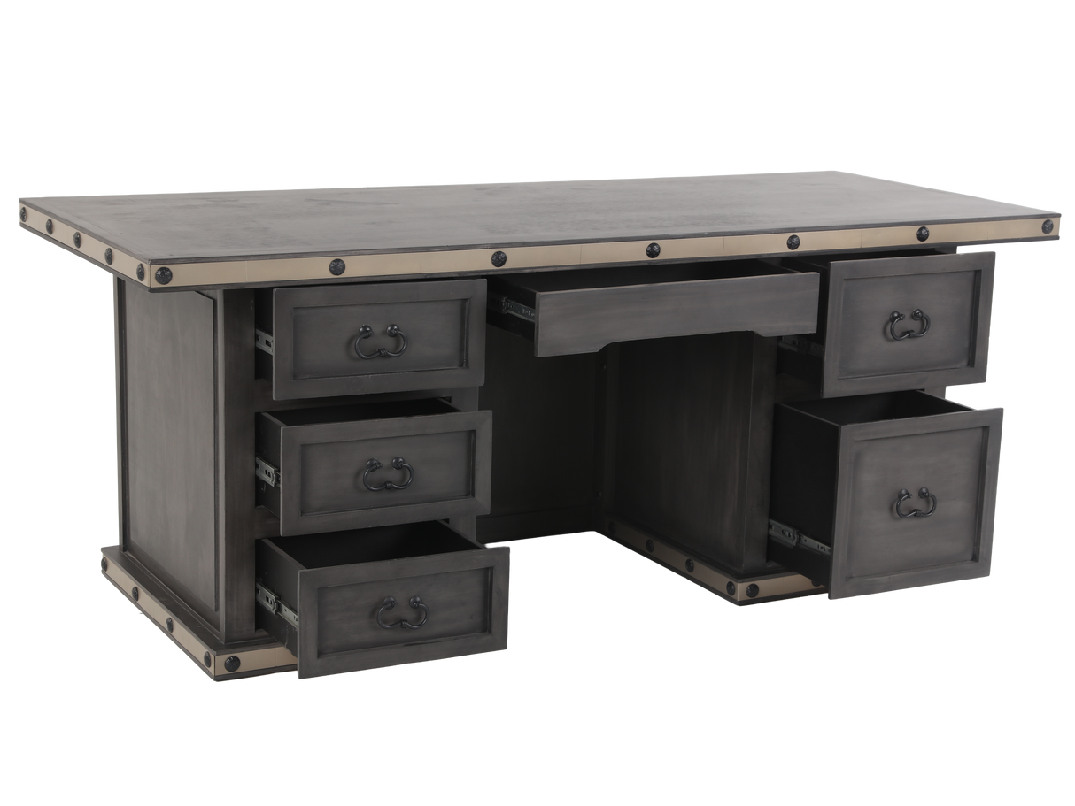 Industrial Gray Executive Desk with Metal Trim and Drawers