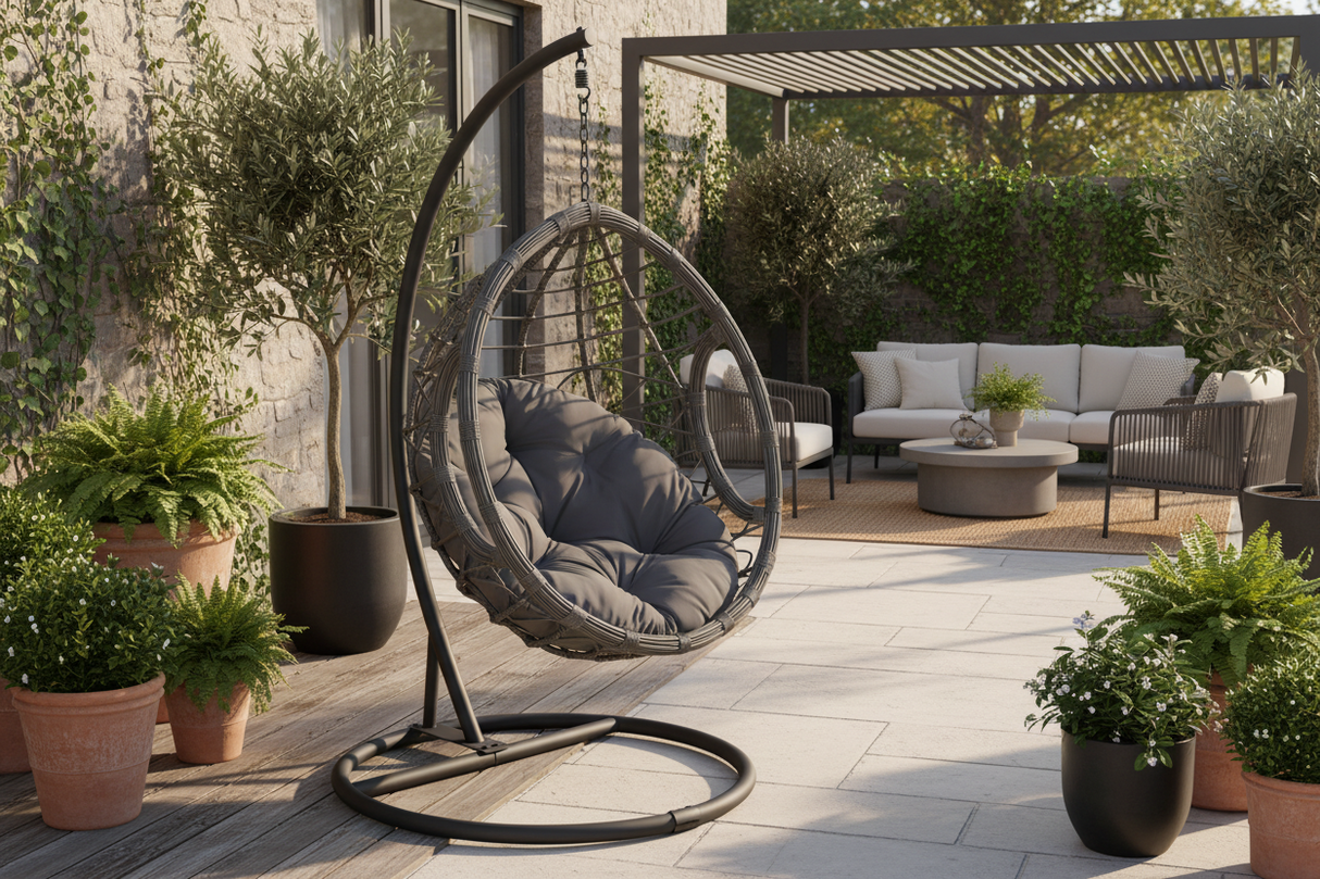 Gray Hanging Egg Chair with Stand & Cushion – Steel Frame, All-Weather Wicker