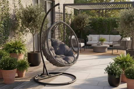 Gray Hanging Egg Chair with Stand & Cushion – Steel Frame, All-Weather Wicker