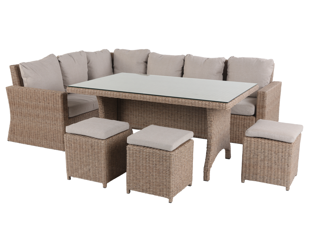 6 Piece Outdoor Sectional Dining Set with Wicker Sofa, Table & Cushioned Stools
