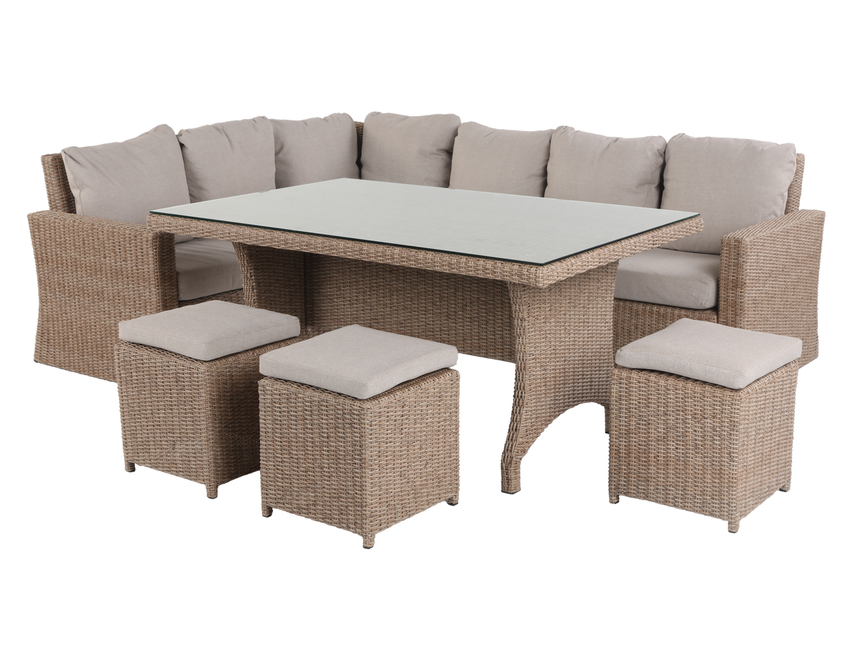 6 Piece Outdoor Sectional Dining Set with Wicker Sofa, Table & Cushioned Stools