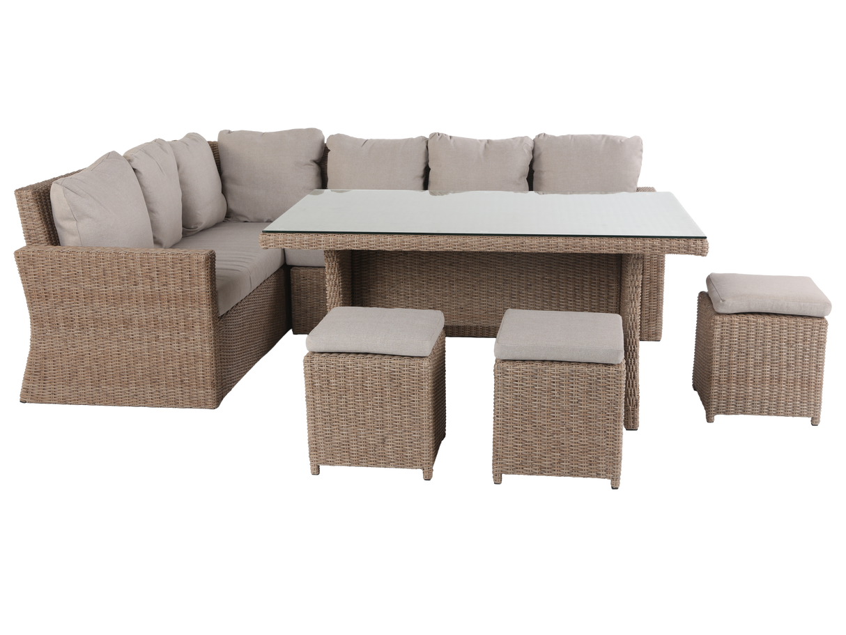 6 Piece Outdoor Sectional Dining Set with Wicker Sofa, Table & Cushioned Stools
