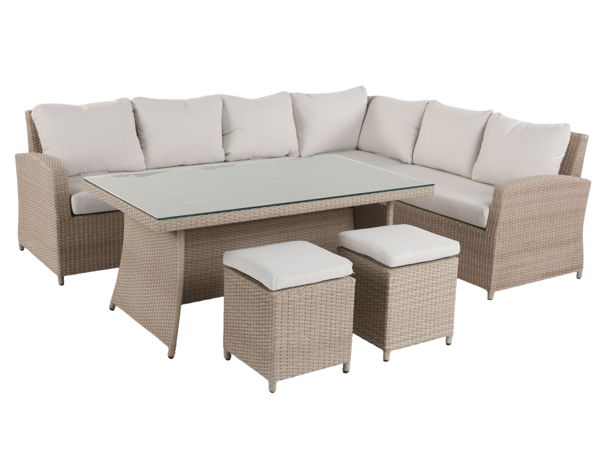 Outdoor patio furniture set with sectional sofa, glass table, and ottomans on a white background