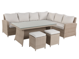 Outdoor patio furniture set with sectional sofa, glass table, and ottomans on a white background