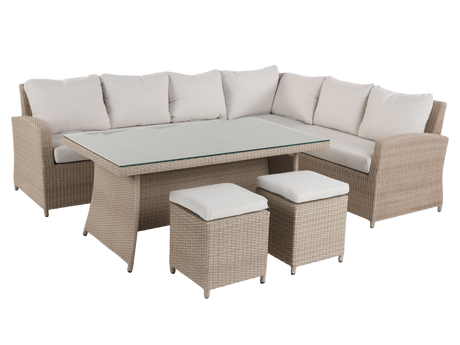 Outdoor patio furniture set with sectional sofa, glass table, and ottomans on a white background