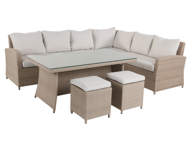 Outdoor patio furniture set with sectional sofa, glass table, and ottomans on a white background