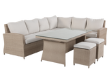 Outdoor furniture set with a sectional sofa, table, and ottomans on a white background