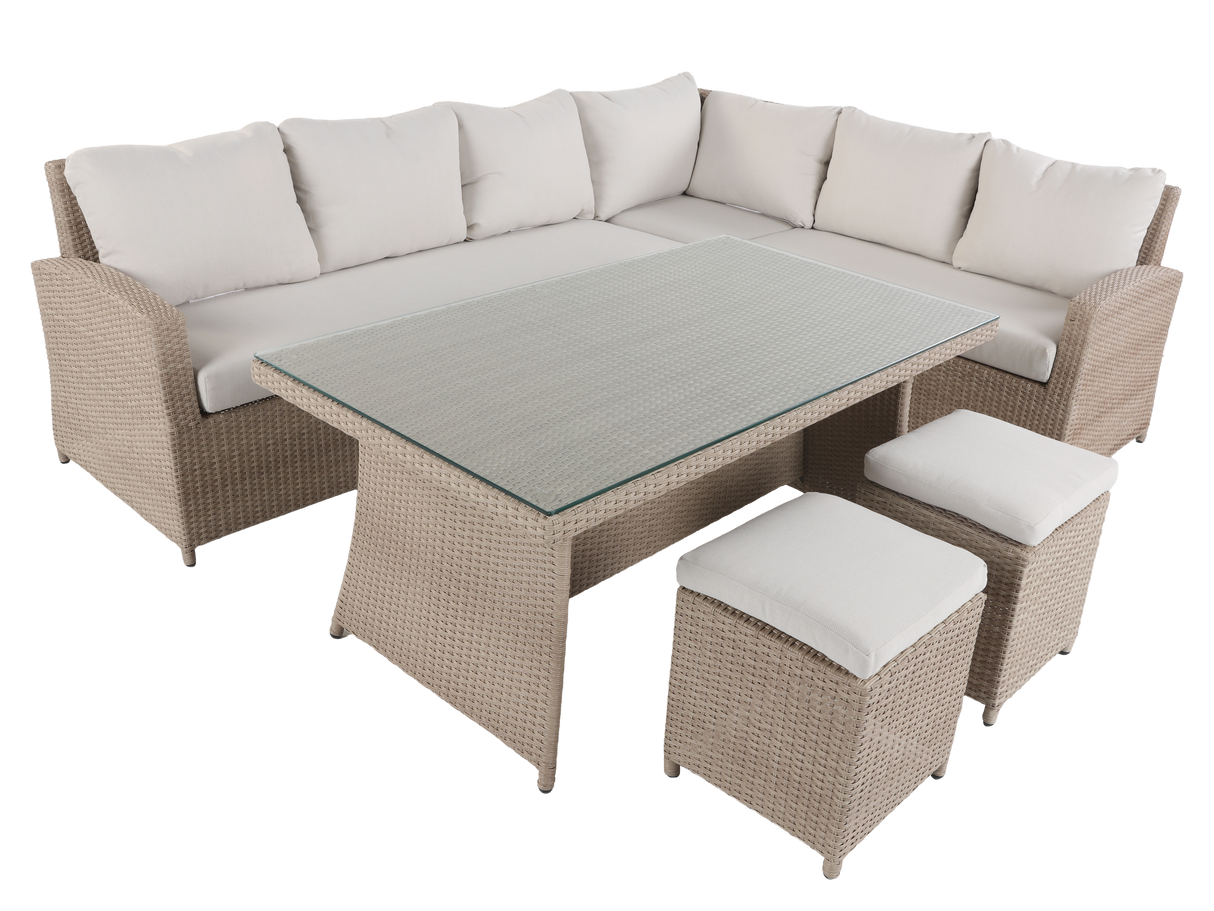 Outdoor furniture set with a sectional sofa, glass-top table, and stools on a white background