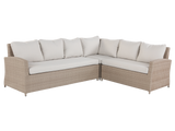 Sectional outdoor sofa with beige cushions on a white background