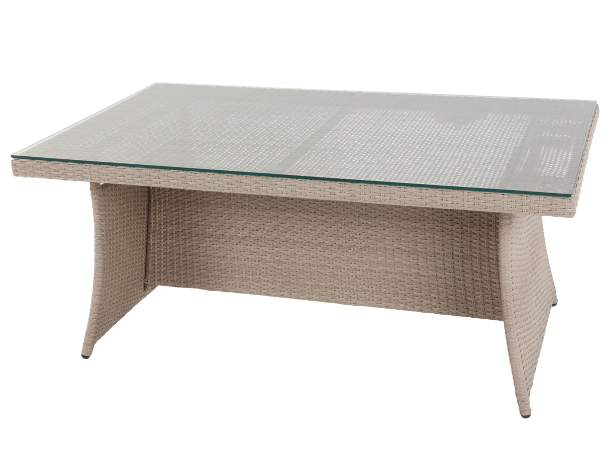 Wicker outdoor table with glass top on a white background