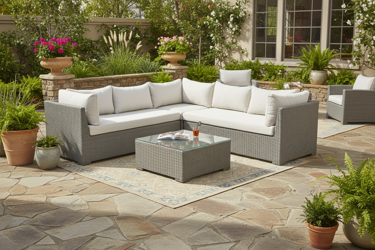 Four-piece outdoor wicker sectional set with glass-top coffee table on a patio