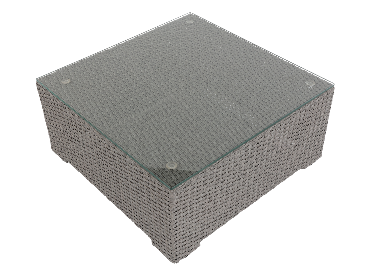 Square outdoor table with wicker frame and glass top on a white background