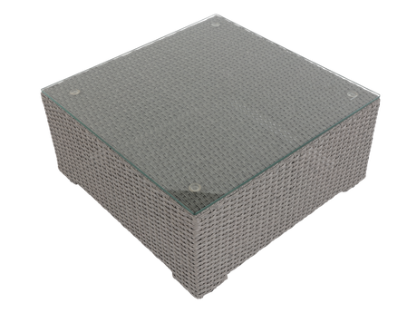 Square outdoor table with wicker frame and glass top on a white background