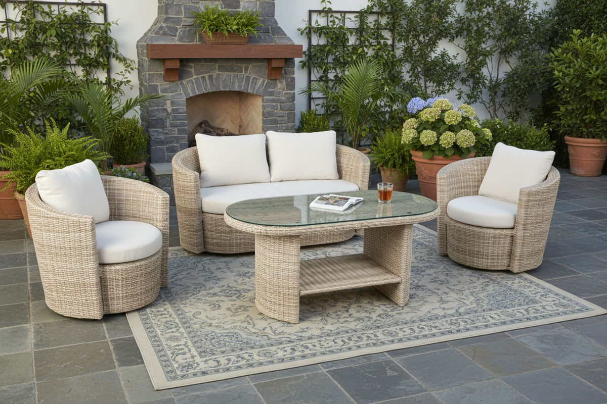 Outdoor furniture set with wicker chairs and table on a white background