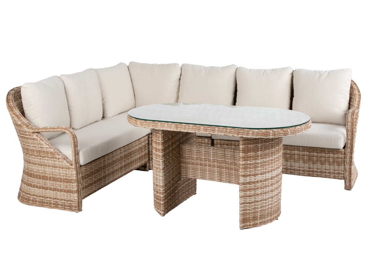 5-Piece Wicker Patio Sectional Sofa Set with Oval Dining Table and Cream Cushions