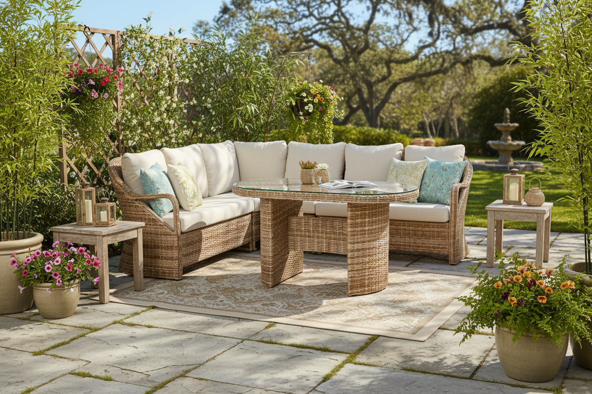 5-Piece Wicker Patio Sectional Sofa Set with Oval Dining Table and Cream Cushions