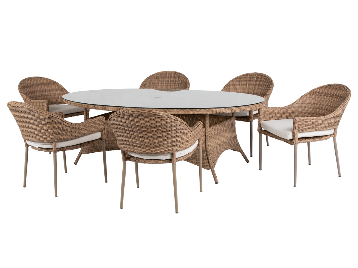 Coastal Natural Wicker Oval 7-Piece Outdoor Dining Set with Tempered Glass Top